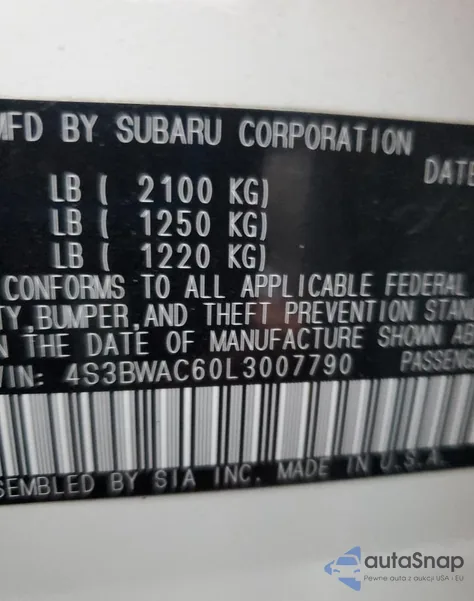 2020 Subaru Legacy Pre z USA, uszkodzony, nr VIN 007790